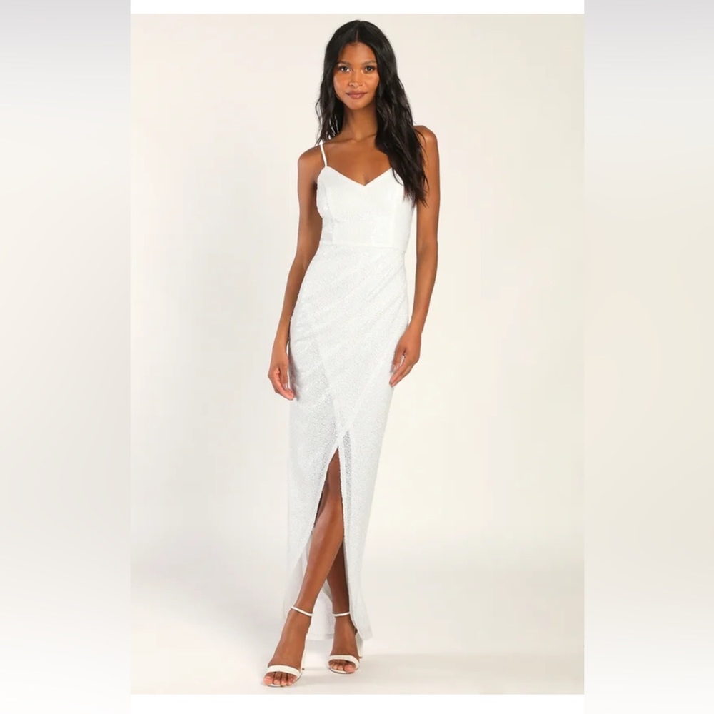 NWT Lulus Forever Your Girl White Sequin Faux-Wrap Bodycon Maxi Dress